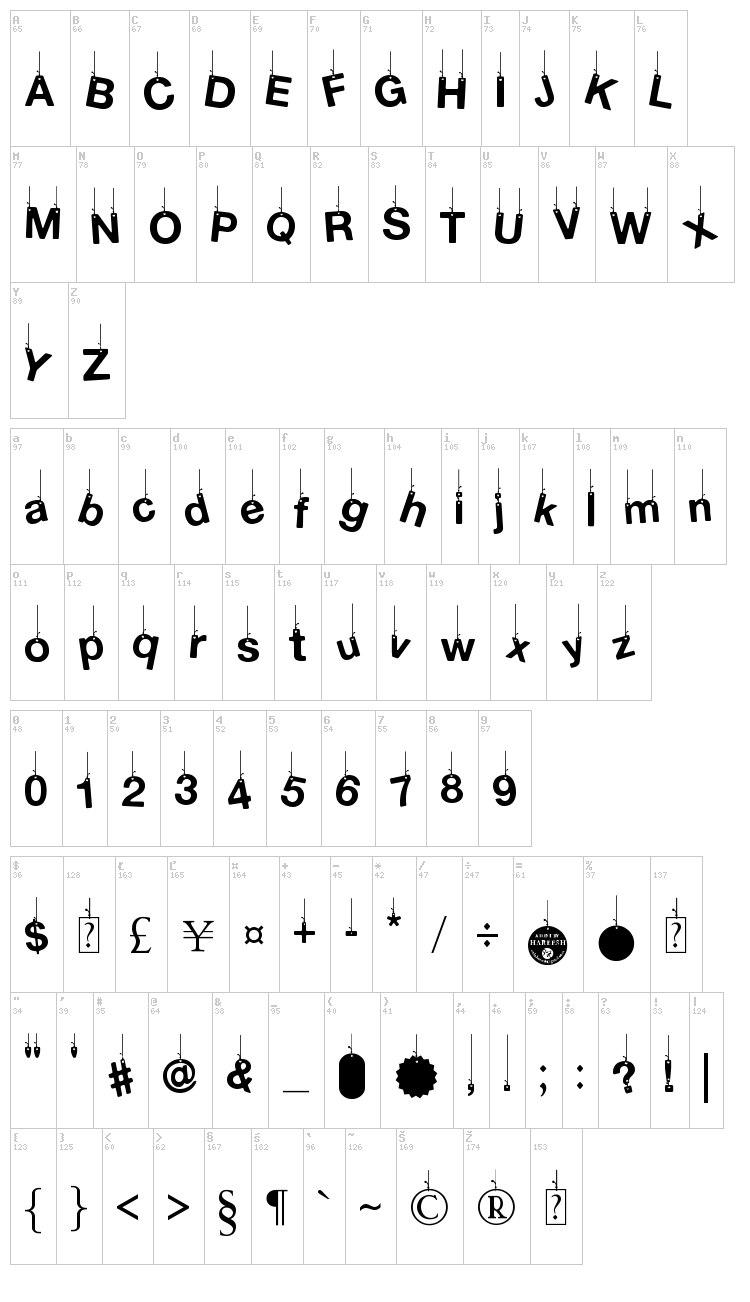 Hanging Letters font map